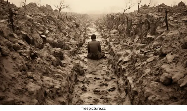 World War I soldier sitting in a trench