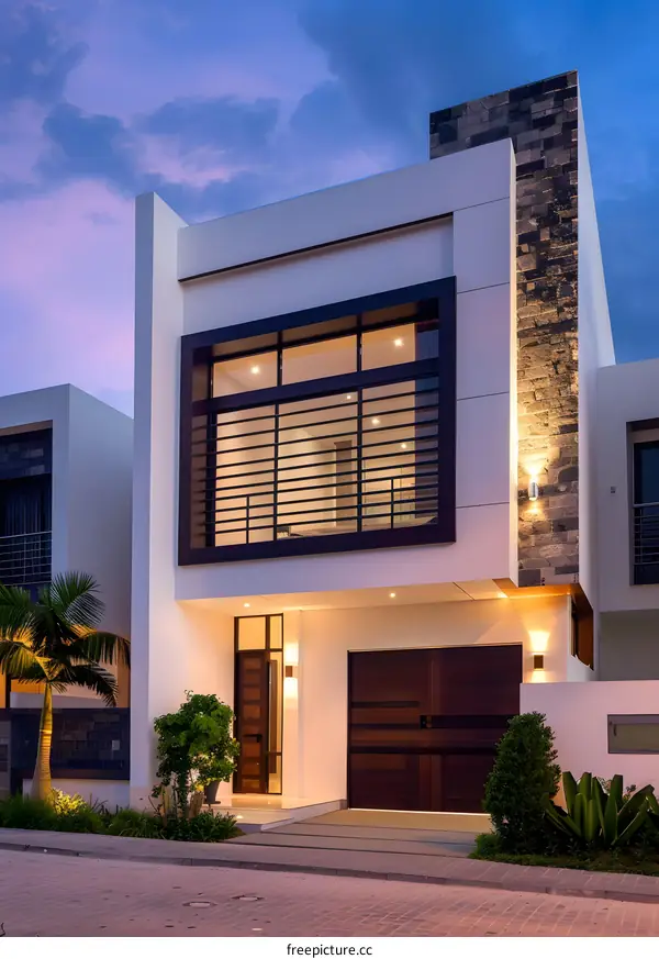 Modern White House with Dark Brown Garage Door