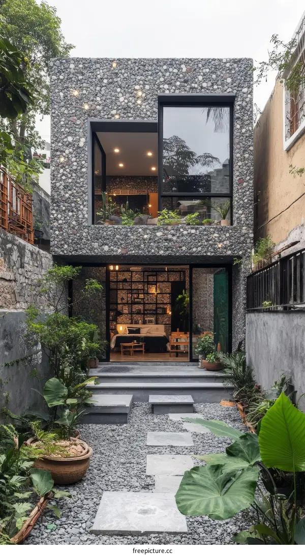 Modern Courtyard House with Stone Facade