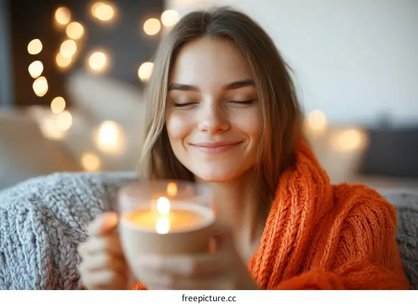 Woman Enjoying Warm Cozy Candlelight Moment