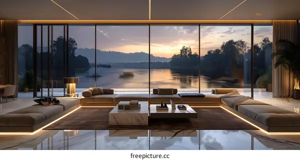 Modern living room with lake view at sunset