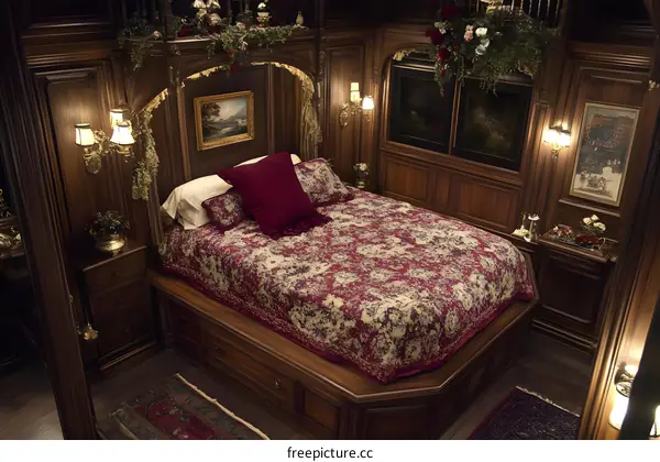 Luxury Bedroom Interior Design with Wooden Walls and Red Bedding