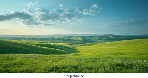 Green rolling hills under blue sky with white clouds