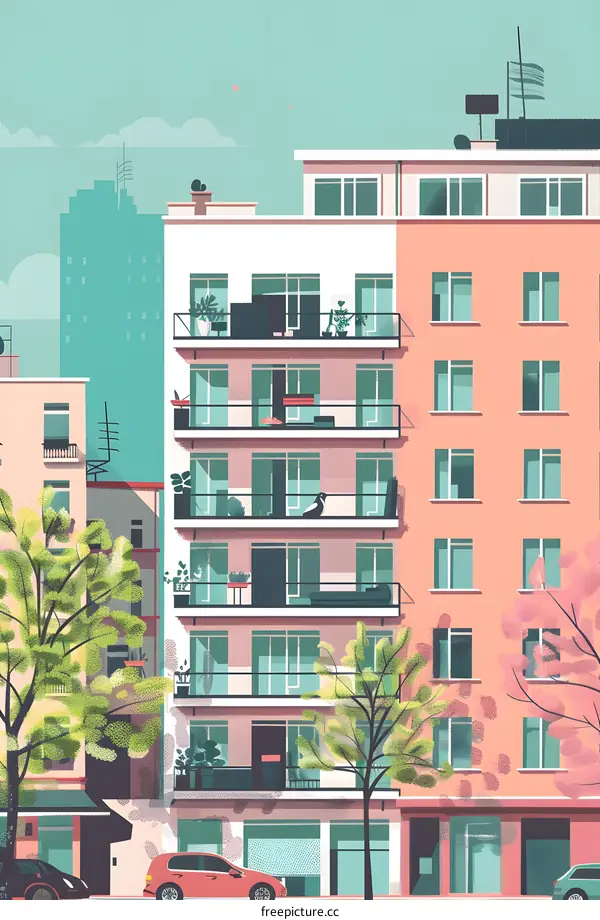Modern Cityscape with Balconies and Green Trees Illustration