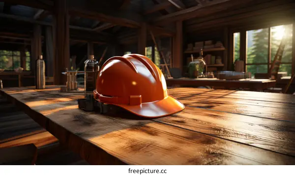 Orange Hard Hat on Rustic Wooden Table