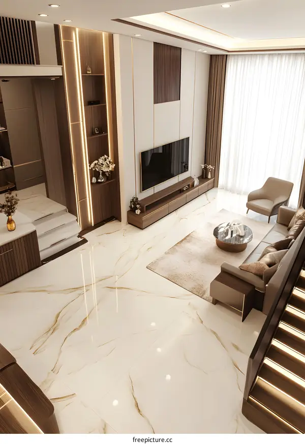 Modern Minimalist Living Room Interior Design with White Marble Floor