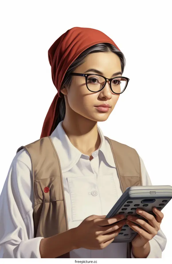 Portrait of a young woman wearing a red headscarf and glasses, holding a calculator