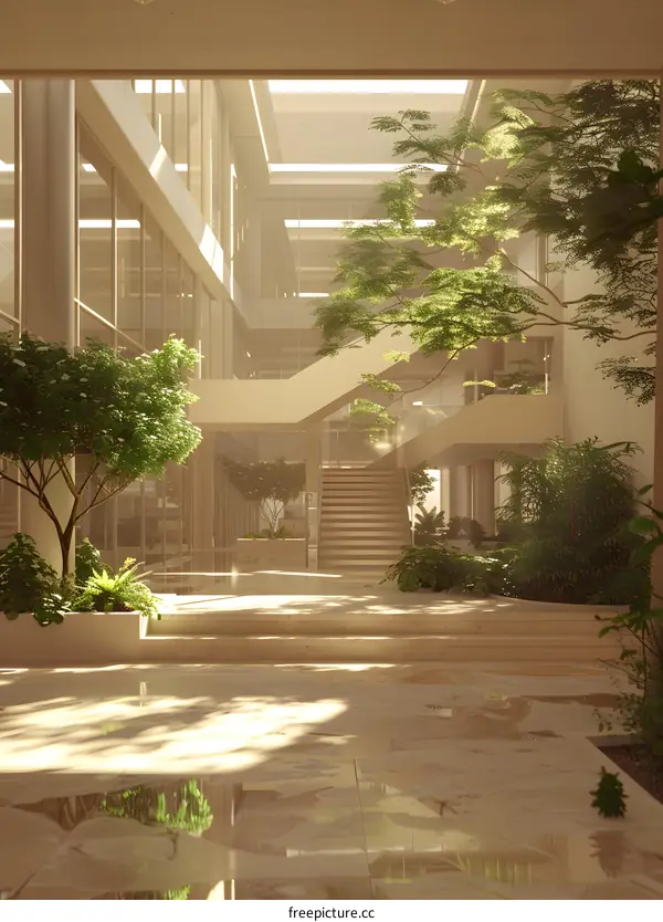 office building interior atrium with trees and sunlight