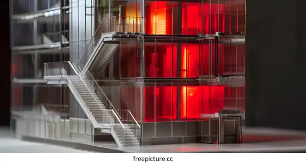 Glass Building Model with Red Lighting