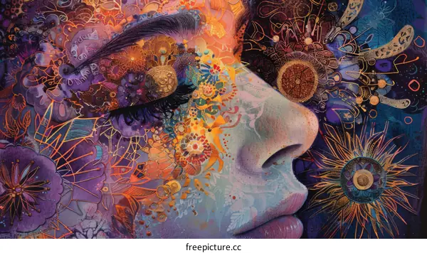 Colorful face of a woman with patterns and golden elements