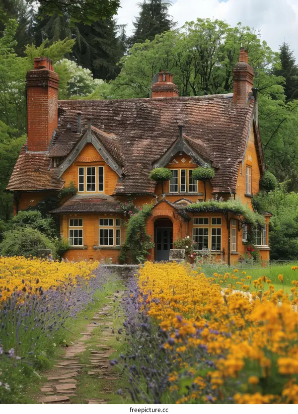 English cottage in Cotswolds with blooming yellow flowers in front yard