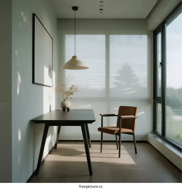 Minimalist workspace with large window and natural light