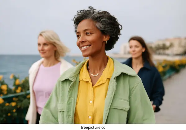 Three Women Walking Along the Seaside Promenade