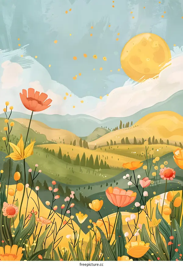 Beautiful Illustrated Landscape With Colorful Flowers