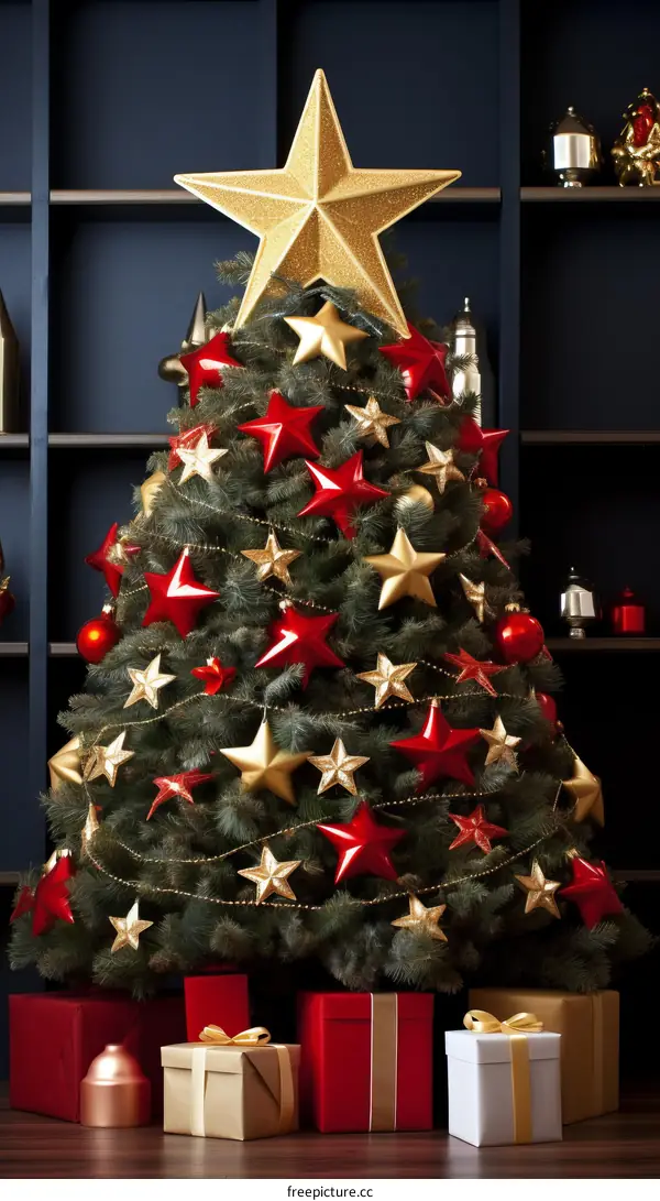 A beautiful Christmas tree decorated with red and gold stars and ornaments