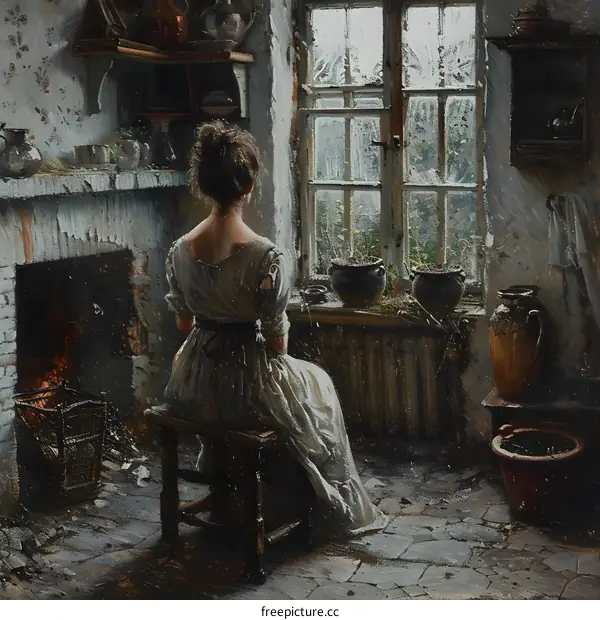 A woman is sitting on a chair in front of a window.