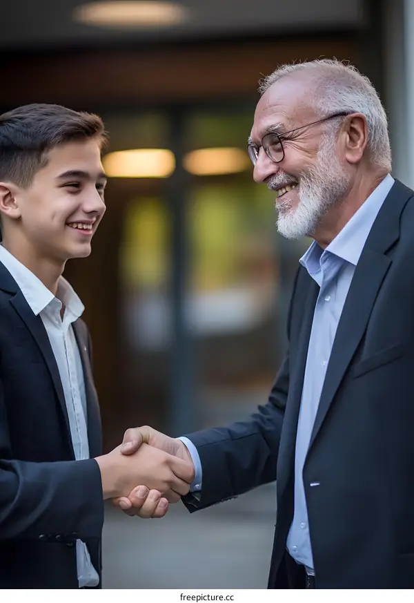 Smiling Businessman and Young Man Shaking Hands