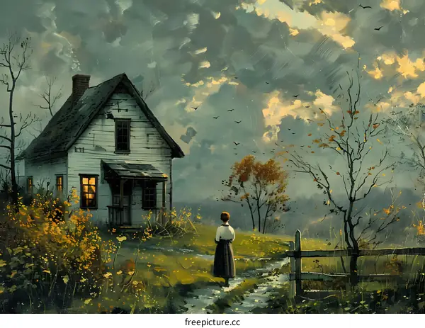 Rural American Gothic House and Lady