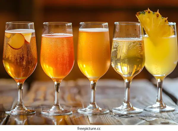 Close up of Five Different Types of Cider in Glasses