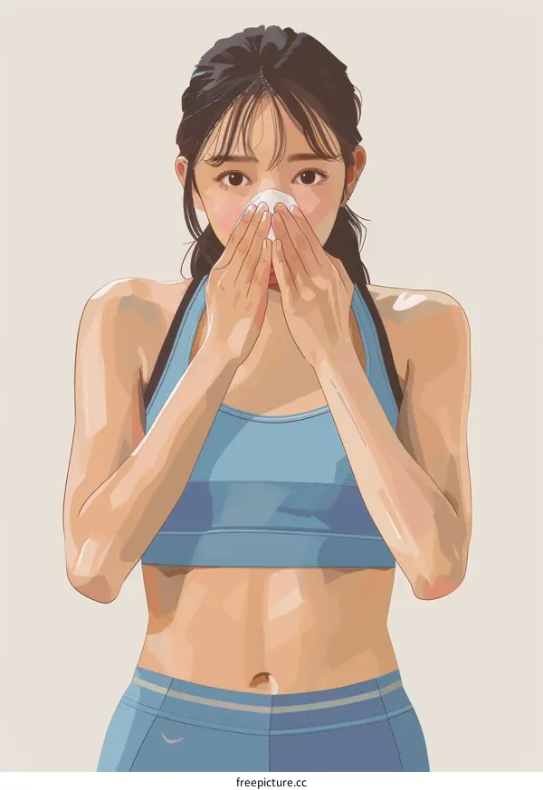A woman in a blue sports bra is wiping her nose with a tissue.