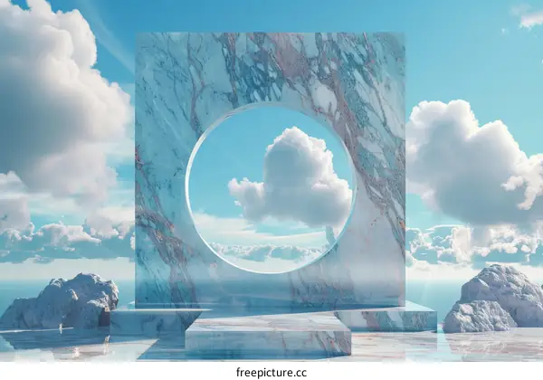 Blue Skies and White Clouds Above a Marble Archway
