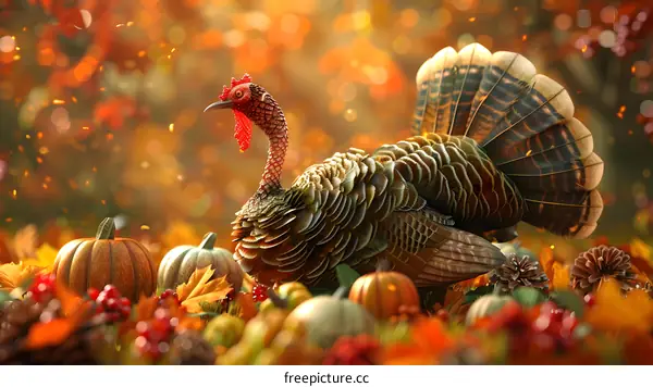 A Thanksgiving turkey surrounded by pumpkins and fall leaves.