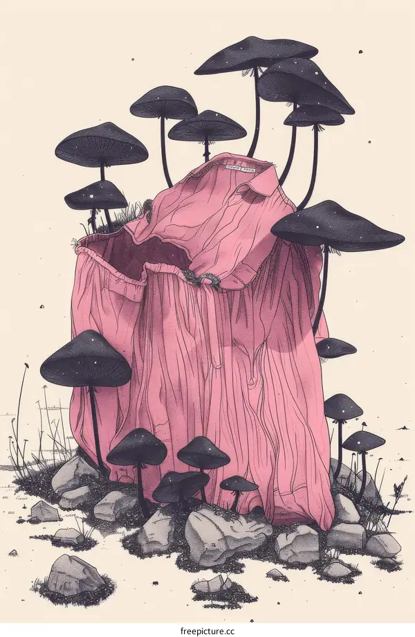 Surreal Fashion Illustration: Pink Dress Shirt with Black Mushrooms