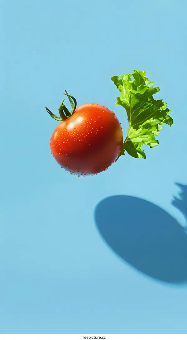 Fresh tomato and lettuce on blue background
