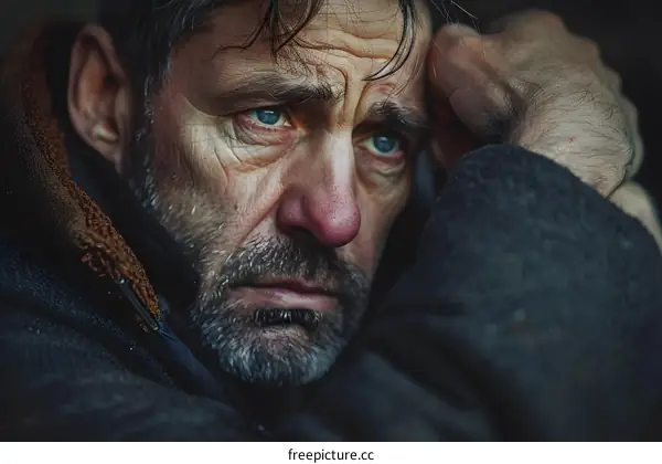 Portrait of a man with a beard and a sad expression on his face