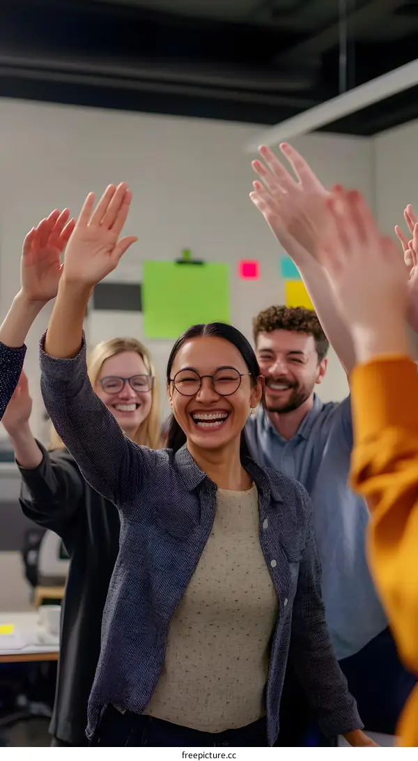 Happy Team of Diverse Coworkers Celebrating Success Together In Office