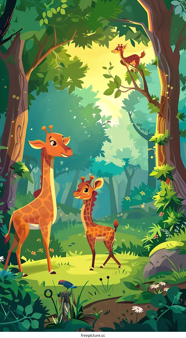 Giraffes in the Forest Illustration