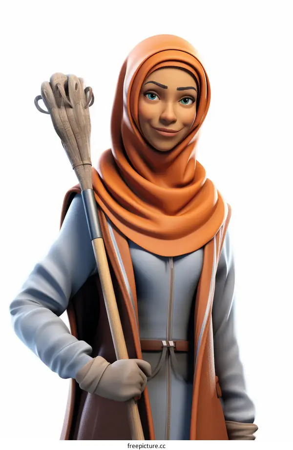 Young Muslim Woman Wearing Hijab and Holding a Broom