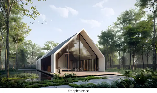 Modern Minimalist House with Large Glass Windows and a Pond