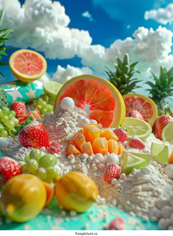 A variety of fruits are displayed on a table.