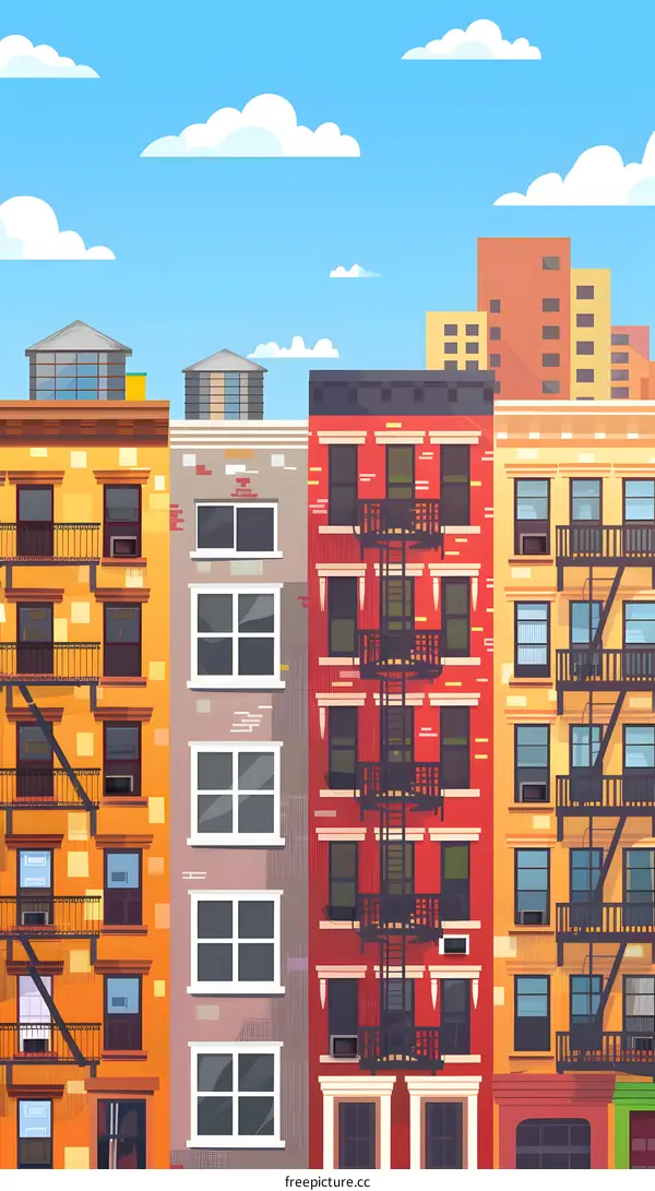 Colorful Buildings Illustration with Blue Sky and Clouds