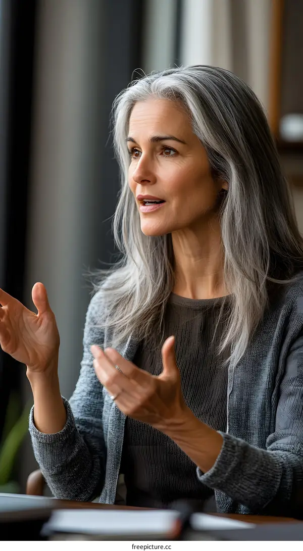 Woman with gray hair talking during a meeting