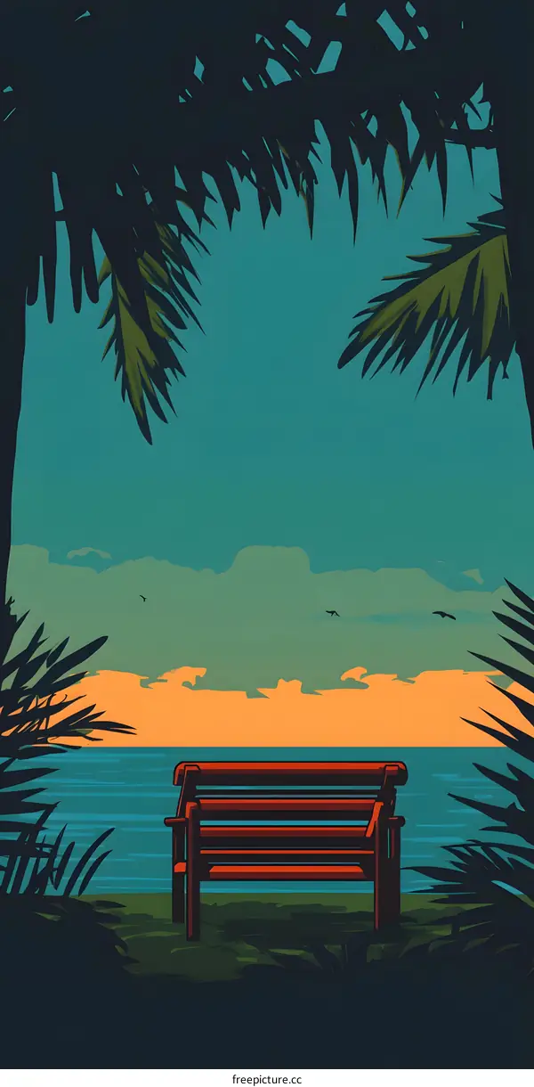 Tropical Sunset with Palm Trees and a Bench