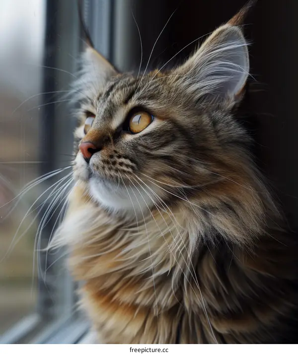A ginger cat is sitting on a windowsill and looking out the window