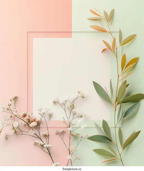 Minimalist Floral Composition with White Flowers and Green Leaves on Pastel Pink and Green Background