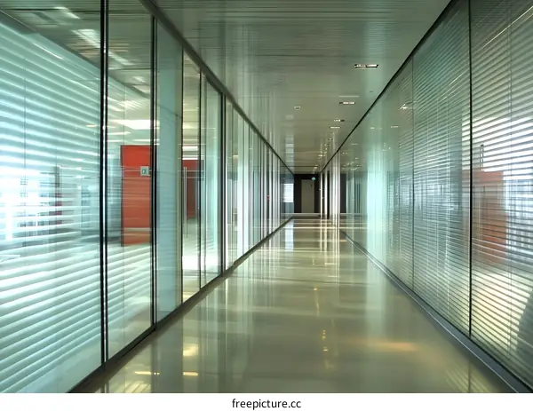 Glass Partitioned Hallway In An Office Building