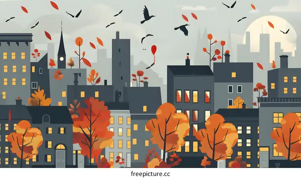 Autumn Cityscape with Birds and Falling Leaves