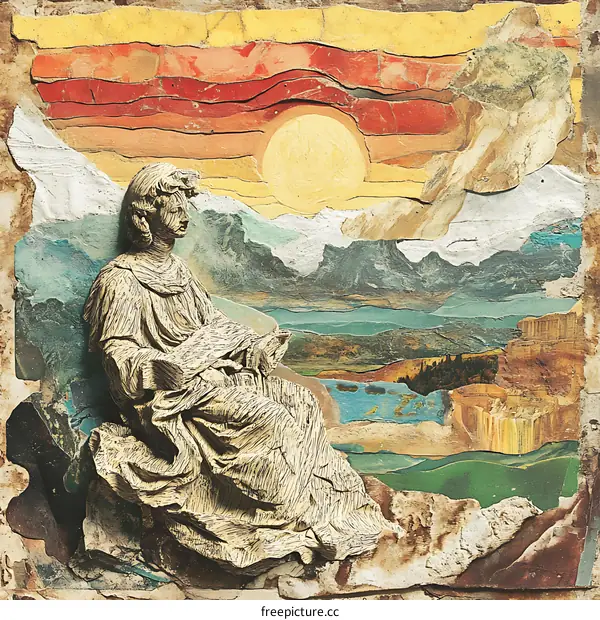 Collage Art of a Woman Sitting on a Rock with Mountains and Sun in the Background