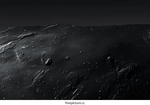 A dark and rocky moon surface with a large crater in the foreground