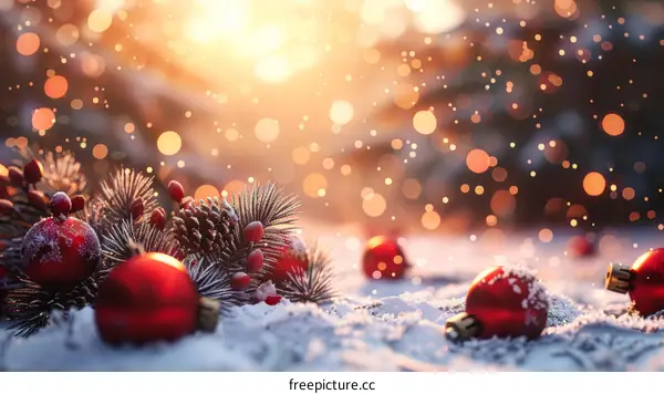 Christmas decorations in the snow with a blurred background of bokeh lights.