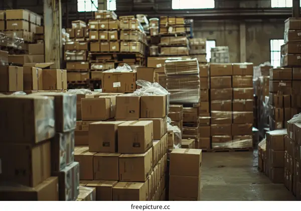 A large warehouse filled with cardboard boxes stacked on wooden pallets