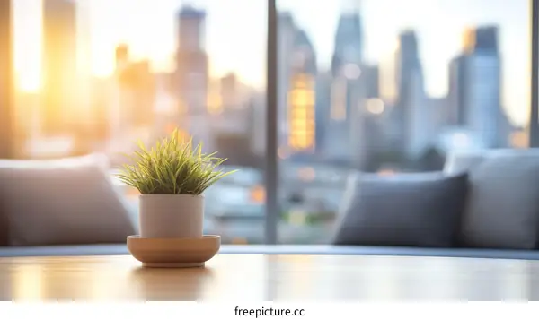 Cityscape View Through Window Interior Table Decoration