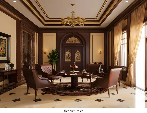 Classic Living Room Interior Design with Wooden Furniture and Chandelier