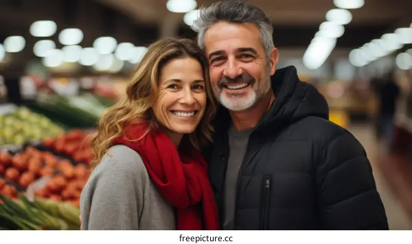 Happy couple shopping for groceries together