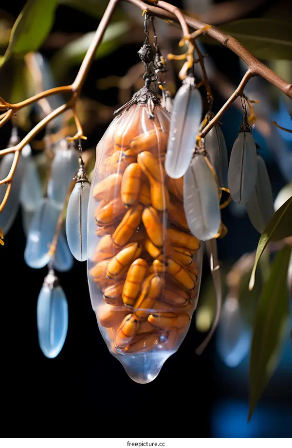 Transparent hanging sculpture with orange objects inside