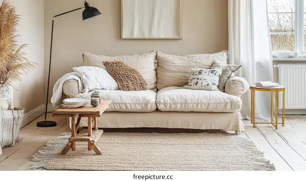 Beige Living Room Interior Design with Sofa and Rug
